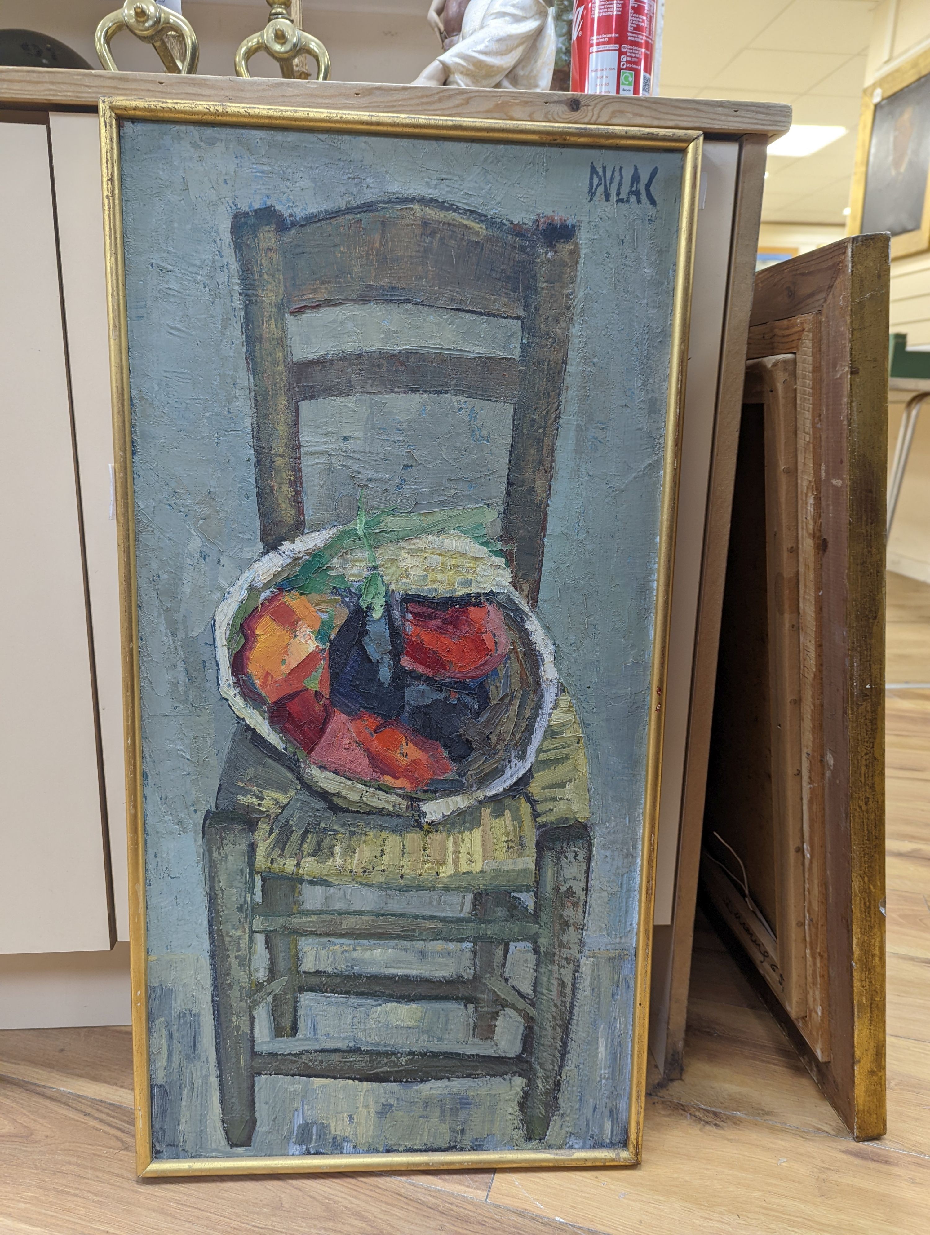 Dulac, oil on canvas, Still life of fruit in a bowl upon a chair, signed, 79 x 39cm